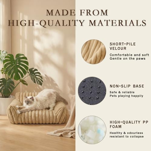 Cat Couch Bed for Small Cats & Indoor Cats, Square Cat Bed and Pet Sofa for Small/Medium Dogs - Removable Washable Dog Bed Cover (Brown, Small)