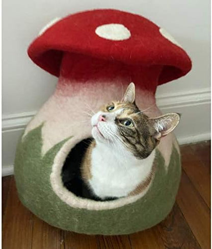 100% Wool Felt Cat Cave Bed Mushroom Handmade in Nepal with Free Mouse Toy Included
