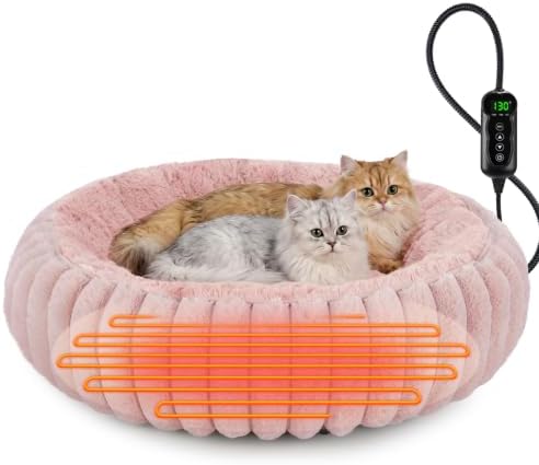 INVENHO Heated Cat Beds for Indoor Cats and Small Dogs, 24" Cozy Donut Heated Pet Bed with Timer & Temp Adjustable, Removable Waterproof Electric Warming Bed for Indoor Cat