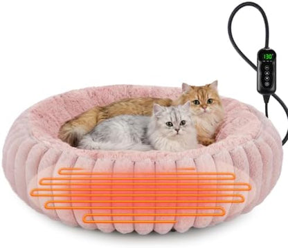 INVENHO Heated Cat Beds for Indoor Cats and Small Dogs, 24" Cozy Donut Heated Pet Bed with Timer & Temp Adjustable, Removable Waterproof Electric Warming Bed for Indoor Cat