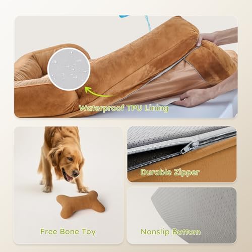 CWAWZ Extra Large Dog Bed, Orthopedic Dog Beds with Cooling Gel Memory Foam, Waterproof XL Pet Bed with Removable Washable Cover, 42" Pet Sofa Couch Dutch Velvet with Bone Toy, Brown