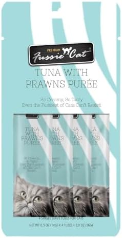 Fussie Cat Tuna with Prawns Puree, lickable cat Treats, 0.5oz Pouch Pack of 4