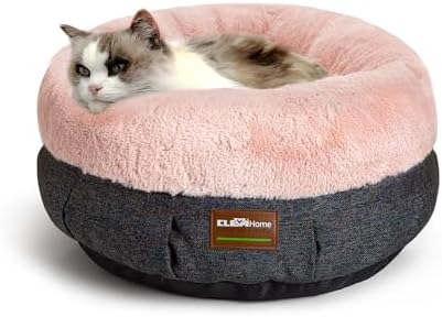 ClevaHome Calming Soft Plush Donut Cat Bed, Fluffy Round Cat Bed for Indoor Cats, Washable Kitten Bed with Plush Faux Fur, Anti-Slip Bottom, Blush Pink