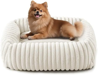 FURTIME Dog Bed for Small Medium Dog, Washable Orthopedic Pet Bed with Removable Cover, Rectangle Soft Calming Sleeping Puppy Bed Durable Pet Cuddler with Anti-Slip Bottom, Cream, M (25"x21"x7")