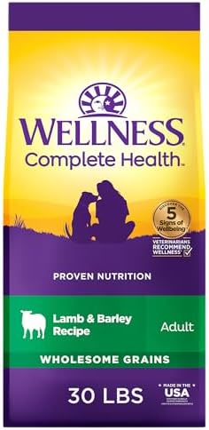 Wellness Complete Health Dry Dog Food with Grains, Made in USA with Real Meat & Natural Ingredients, All Breeds, Adult Dogs (Lamb & Barley, 30-lb) – With Nutrients for Immune, Skin, & Coat Support,