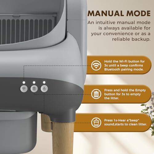 GTPLAYER Self Cleaning Litter Box, Open Top Cat Automatic Litter Box - APP Control and Weight Monitoring, Safety Sensors Protection, Ultra-Quiet, Odor Control, Includes Trash Bag& Scrub Brush, Gray