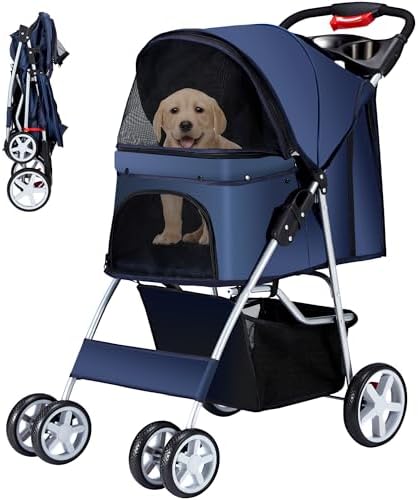 Foldable Pet Stroller 4 Wheels for Small Medium Dogs Cats,Blue