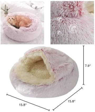 Round Fluffy Hooded Cat Bed Cave, Anti-Anxiety Cave Bed with Blanket