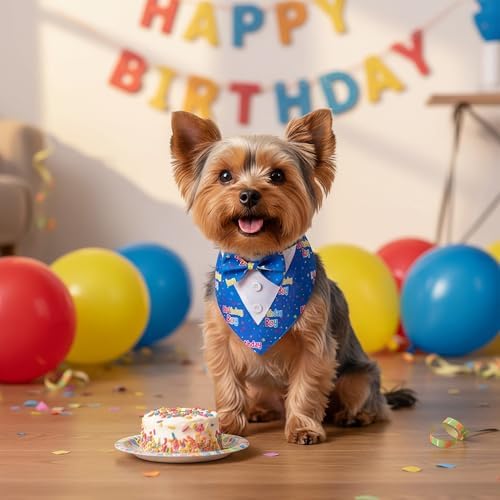 ADOGGYGO Birthday Dog Bandana with Bowtie, Blue Boy Dog Tuxedo, Small
