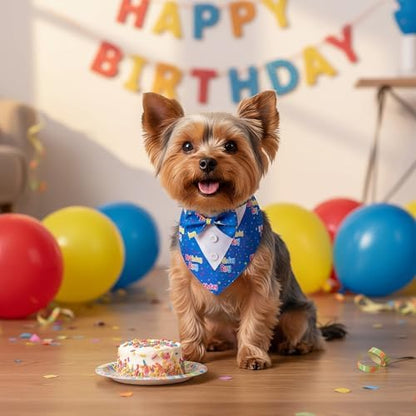 ADOGGYGO Birthday Dog Bandana with Bowtie, Blue Boy Dog Tuxedo, Small