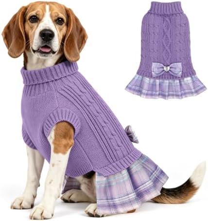 YUDODO Small Dog Sweater Dress with Bowtie Turtleneck - Knitted Pet Clothes