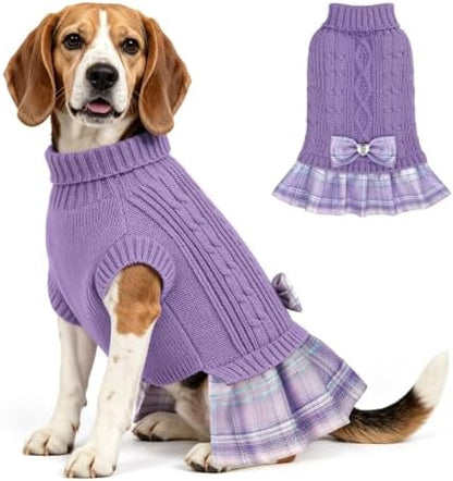 YUDODO Small Dog Sweater Dress with Bowtie Turtleneck - Knitted Pet Clothes
