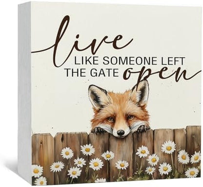 Fox Wooden Box Sign - Rustic Farmhouse Live Like Someone Left the Gate Open Signs for Home Decor,Farm Cottagecore Animal Office Kitchen Bedroom Decor,Fox Gifts for Women Men, 5x5