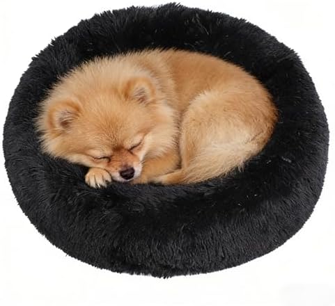 Calming Donut Dog Beds for Small Dogs Kitten - Washable Removable Cover Non-Slip Bottom, Round Pet Bed Puppy Bed Warming Fluffy Faux Fur Anti-Anxiety, Fits up to 15 lbs (Black, 20")