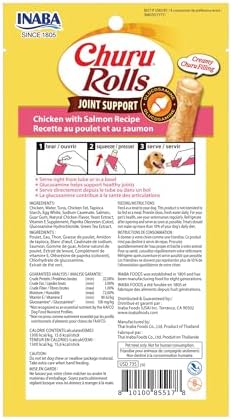 INABA Churu Rolls Joint Support for Dog, Functional Lickable Dog Treat with Taurine & Green Tea Extract, 1.26oz Each, 18 Tubes Total, Chicken with Salmon Recipe