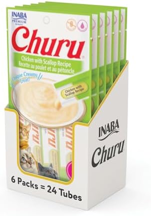 INABA Churu Cat Treats, Lickable, Squeezable Creamy Purée Cat Treat with Green Tea Extract & Taurine, 0.5 Ounces Each Tube, 24 Tubes (4 per Pack), Chicken with Scallop Recipe