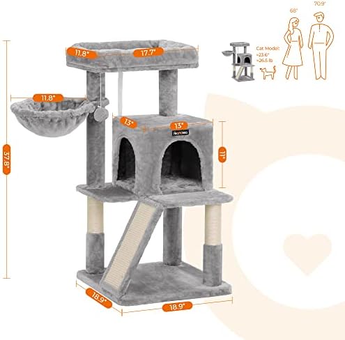 Feandrea Cat Tree, 37.8-Inch Tall Cat Tower, Multi-Level Condo, Light Gray