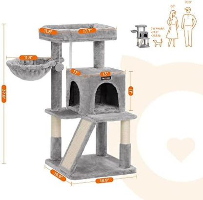 Feandrea Cat Tree, 37.8-Inch Tall Cat Tower, Multi-Level Condo, Light Gray