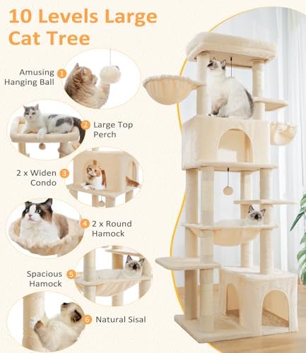 ABCPET Cat Tree Large Cat Tower Tree 68" Multi-Level Cat Tower for Indoor Cats with Sisal Scratching Posts, Widen Cat Perche, Square Hammock, 2 Widen Condos, Scratching Posts, Beige
