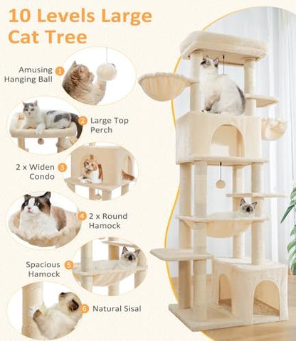 ABCPET Cat Tree Large Cat Tower Tree 68" Multi-Level Cat Tower for Indoor Cats with Sisal Scratching Posts, Widen Cat Perche, Square Hammock, 2 Widen Condos, Scratching Posts, Beige