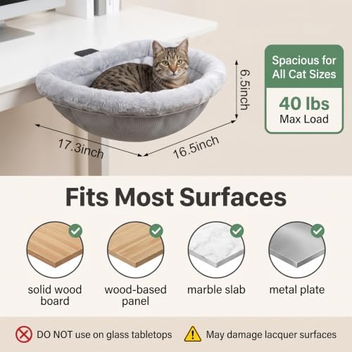 SWIND Cat Desk Bed - Ultra Soft Faux Rabbit Plush Sunken Cat Bed for Desk, Space-Saving Semi-Circular Cat Hammock for Gaming & Home Desks, Holds Up to 50 Lbs