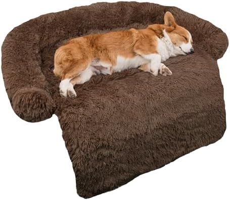 GGIB Calming Dog Bed Fluffy Plush Dog Mat for Furniture Protector with Removable Washable Cover for Large Medium Small Dogs and Cats (Medium, Coffee)
