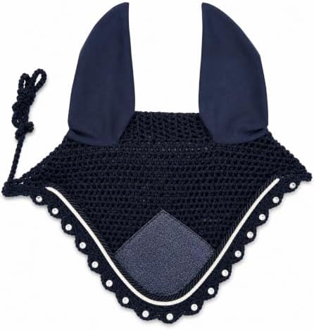 Horse Ear Bonnet for Horses – Handmade Crochet Fly Veil with Crystal Stones, Glitter Patch, Breathable Stretch Ears, Horse Fly Bonnet Ear Bonnet for Riding (Navy Blue, Extra-Full)
