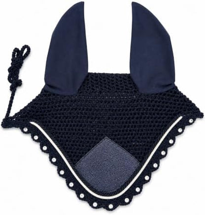 Horse Ear Bonnet for Horses – Handmade Crochet Fly Veil with Crystal Stones, Glitter Patch, Breathable Stretch Ears, Horse Fly Bonnet Ear Bonnet for Riding (Navy Blue, Pony)
