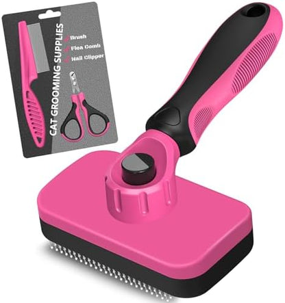 3PCS Cat Grooming Supplies, Cat Brush & Nail Clipper/Trimmer & Flea Comb for Shedding Indoor Cats Essentials Stuff Accessories (Pink)