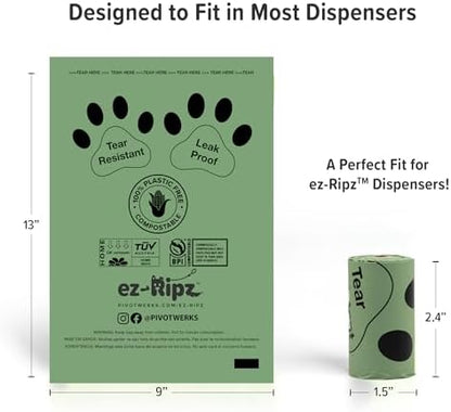 100% Compostable Doggie poop Bags, Plant Based, 8 Rolls of 15 each (120 Bags), Dog Poop pick up, Pet Waste Storage