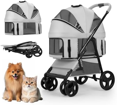 4 Wheels Pet Stroller for Small/Medium Dogs and Cats,Dog Stroller with Detachable Carrier and Storage Basket,One Click Folding,Compact Portable,Up to 50lbs,3 in1 Multifunctional(Grey)