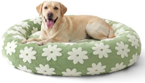 JOEJOY Jacquard Donut Round Dog Beds Large Sized Dog,Green 36x36x8in, Removable Washable Cover, Cute Pattern, Ultra Soft Fluffy Calming Pet Bed with Thick Supportive Bolster