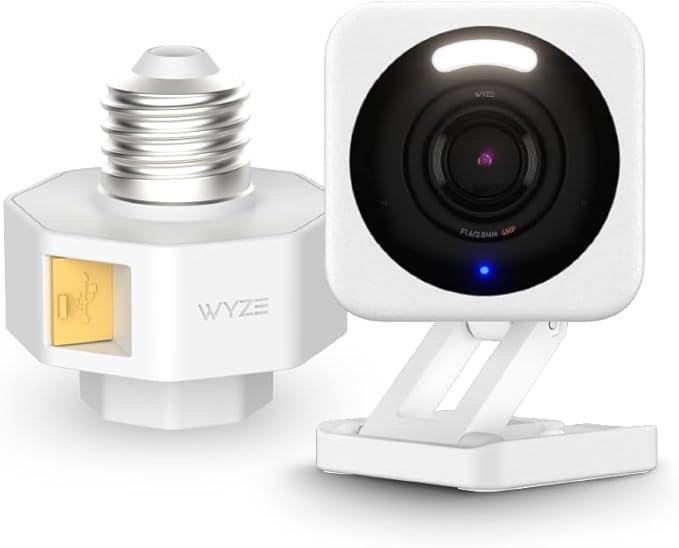 Wyze Lamp Socket v2 Power Adapter with WYZE Cam v4 2.5K QHD WiFi Indoor/Outdoor Smart Home Security Camera, Pet/Baby Monitor, Motion Activated Spotlight/Siren, Color Night Vision, 2-Way Audio