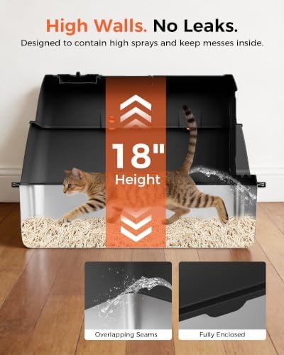 GTPLAYER XXL Stainless Steel Cat Litter Box with Lid, High Sided Enclosed Cat Litter Box, Activated Carbon Odor Control, Extra Large Metal Litter Box, Anti-Leak, with Mat & Scoop, Carbon Black