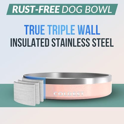 Coldest Dog Bowl - Anti Rust Metal, Non Slip, 3 Layers Insulated Stainless Steel Dog Bowls - Spill Proof & Heavy Duty - Water Bowl for Dogs, Cats & Pets, Dish Washer Safe (21 oz, Forever Pink Glitter)