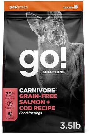 Go! Solutions Carnivore Salmon + Cod Grain-Free Dry Dog Food, Our Highest-Protein Kibble Made with Real Meat & Fish, Chicken-Free Recipe, for Puppies, Adults & Seniors, 3.5 lb Bag