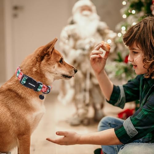 DOGWONG Christmas Cotton Dog Collar, Red Green Stripe Christmas Dog Collar Durable Soft Pet Collars Cute Red Necklace for Small Medium Dogs