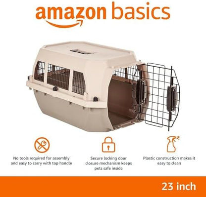 Amazon Basics Hard-Sided Dog and Cat Kennel, Single-Door Travel Pet Carrier with Metal Wire Ventilation, 23.6"L x 15.7"W x 13"H, Beige