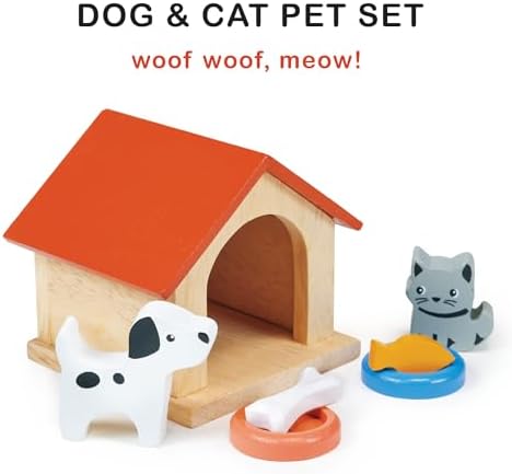 Mentari Toys - Dog & Cat Pet Set - 7pc Wooden Dollhouse Pet Accessories with Kennel, Dog, Cat, Bowls, Bone and Fish - Small World Play - Encourages Imaginative Play and Empathy Skills - Age 3+