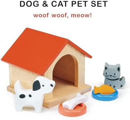 Mentari Toys - Dog & Cat Pet Set - 7pc Wooden Dollhouse Pet Accessories with Kennel, Dog, Cat, Bowls, Bone and Fish - Small World Play - Encourages Imaginative Play and Empathy Skills - Age 3+