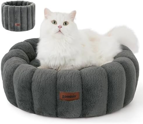 ZOMISIA Cute Cat Beds for Indoor Cats, Striped Small Donut Dog Bed for Puppy and Kitten, Anti-Slip Bottom, Grey