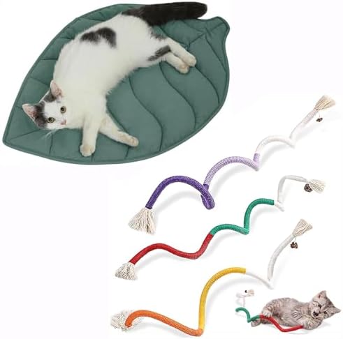 30 X 20 Inch Leaf Shaped Cotton Cat Bed Pad + 3 PCS Cotton Rope Cat Toys for Indoor Cats