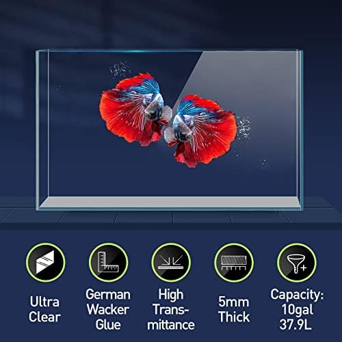 LAQUAL 10 Gallon Ultra Clear Glass Fish Tank, Rimless Low Iron Aquarium for Betta/Nano/Goldfish/Snail/Shrimp, Big Fish Tank & Cover Set & Feeding Ring & Cleaning Tools
