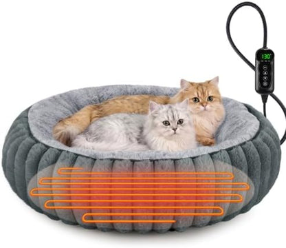 INVENHO Heated Cat Beds for Indoor Cats and Small Dogs, 24" Cozy Donut Heated Pet Bed with Timer & Temp Adjustable, Removable Waterproof Electric Warming Bed for Indoor Cat