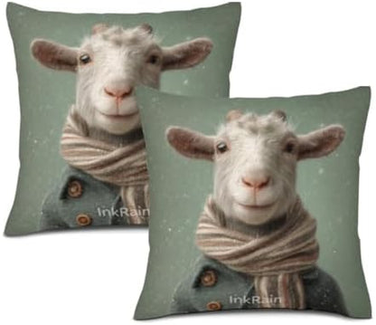InkRain Winter Animal Cute Goat Pillow Cover 24x24 Inch Set of 2 Home Decor Decorative Cotton Linen Illustration Pillowcases for Living Room House Sofa