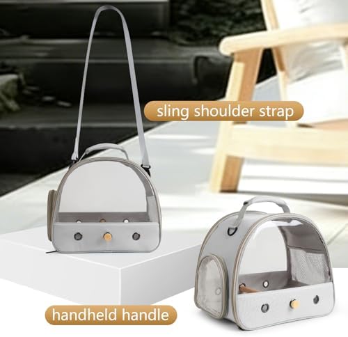 Bird Carrier, Portable Small Bird Parrot Parakeet Carrier with Standing Perch and Mat, Side Access Window Collapsible (Grey, Clear Windows)