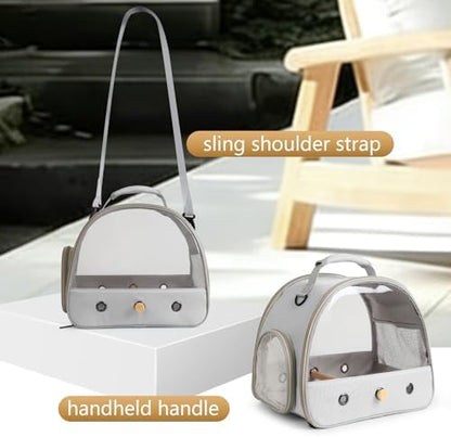Bird Carrier, Portable Small Bird Parrot Parakeet Carrier with Standing Perch and Mat, Side Access Window Collapsible (Grey, Clear Windows)