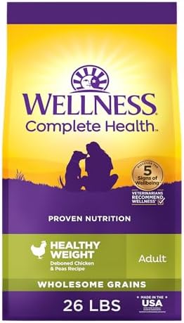 Wellness Complete Health Healthy Weight Adult Dry Dog Food, Wholesome Grain Kibble, Chicken and Peas Recipe, 26 lb Bag