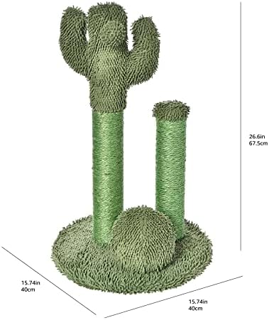 Amazon Basics Cat Scratching Post, Indoor Cactus Triple Posts for Cats & Kittens with Dangling Ball, Large, 27"H, Green