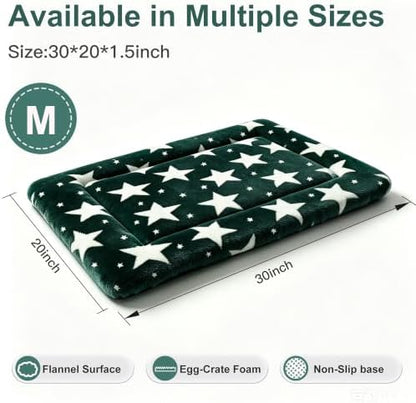 Dog Bed Mat, Reversible Crate Pad & Cute Dog Bed - Machine Washable Kennel Mat with Ultra Soft (Big&Small Stars Green, 30" L*20" W*1.5" Th)